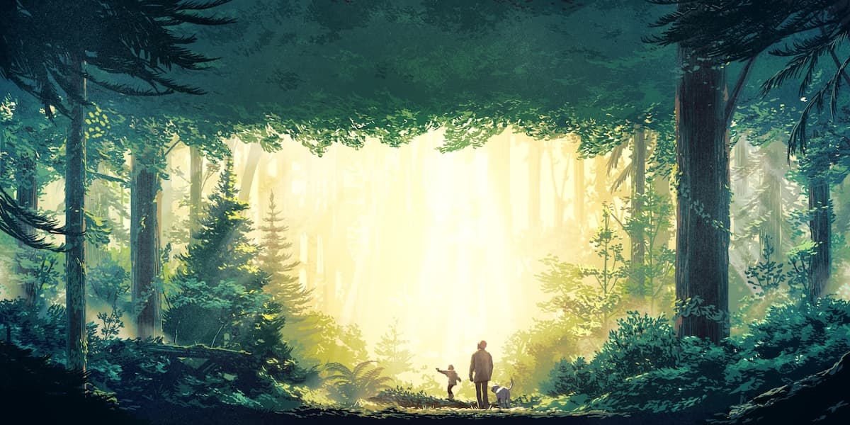 Image ofn two persons and a dog walking in the woods